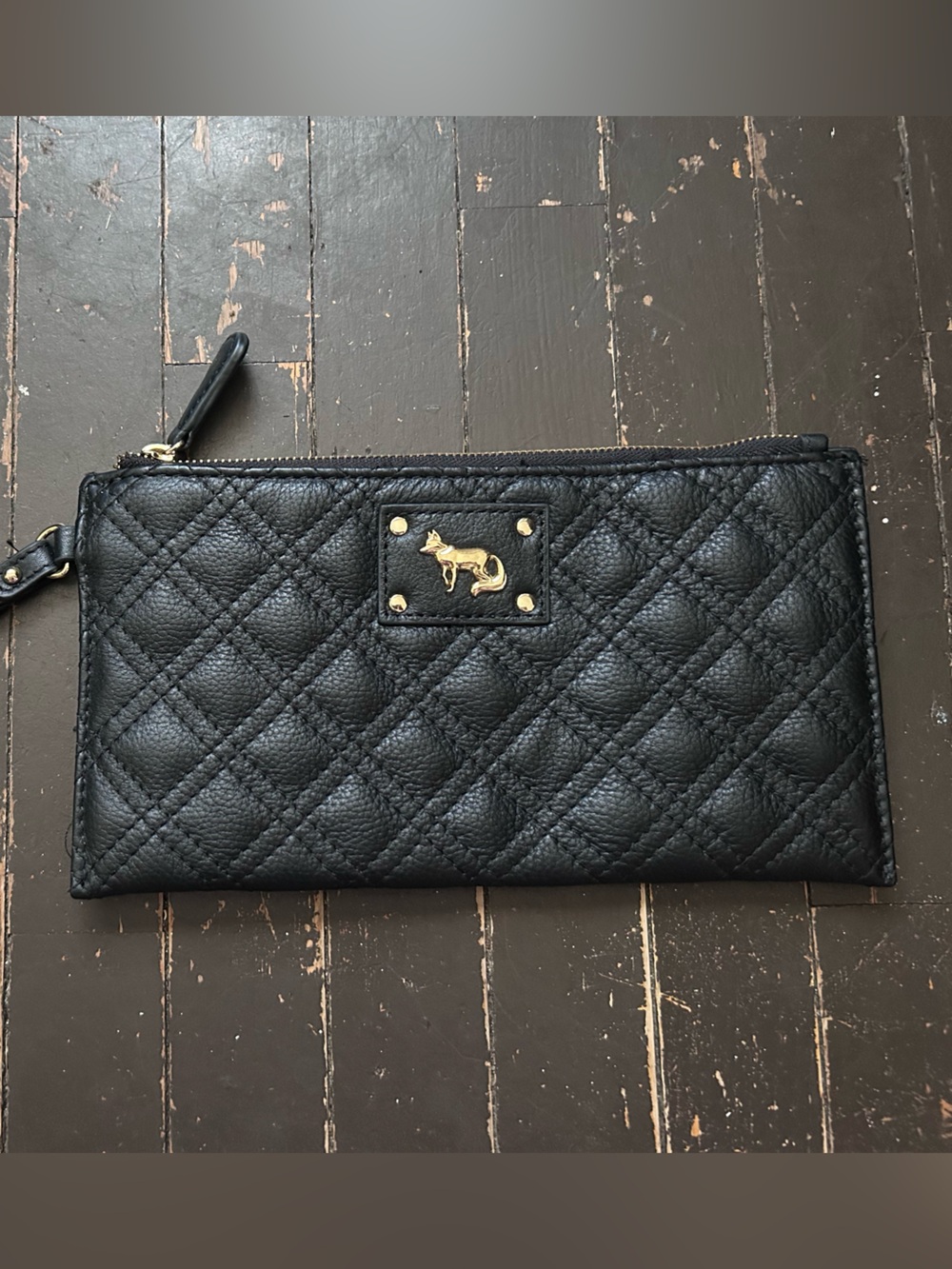 Emma Fox Black Quilted Leather Wristlet Clutch with Gold Accent